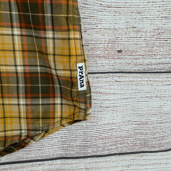 prAna Intrepid Plaid Slim Button Down Shirt Mens Large Yellow Orange Gray - Picture 3 of 9